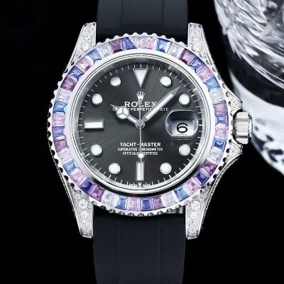 GB Factory Rubber ROLEX Band Gem model - Yacht-Master Silver steel Case with colored diamond diameter 40mm Watch